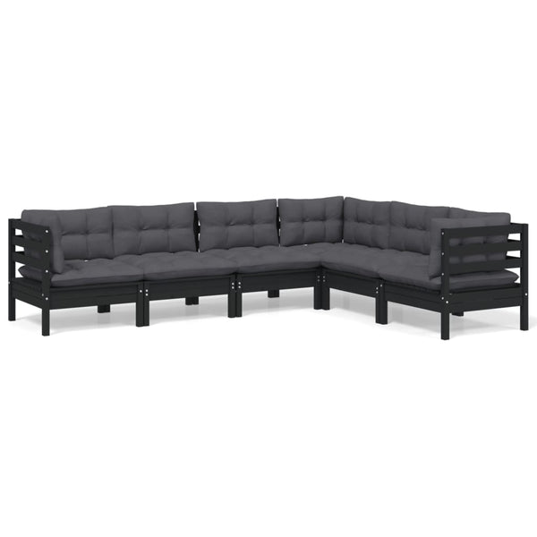 6-tlg. Garten-Lounge-Set mit Kissen Schwarz Massivholz Kiefer