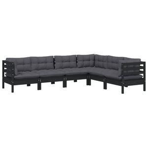 6-tlg. Garten-Lounge-Set mit Kissen Schwarz Massivholz Kiefer