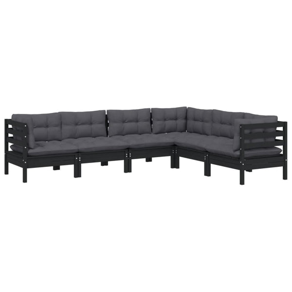 6-tlg. Garten-Lounge-Set mit Kissen Schwarz Massivholz Kiefer
