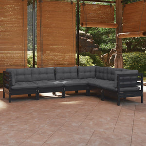 6-tlg. Garten-Lounge-Set mit Kissen Schwarz Massivholz Kiefer