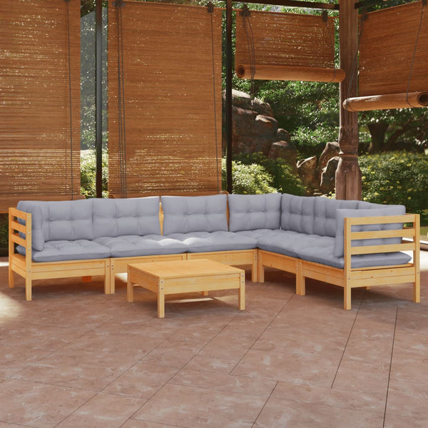 7-tlg. Garten-Lounge-Set mit Grauen Kissen Kiefer Massivholz