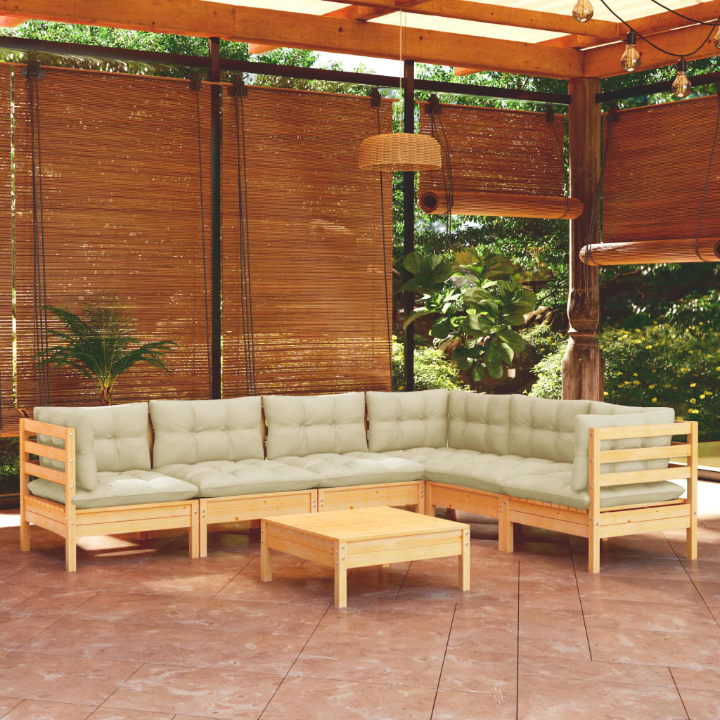 vidaXL Salon de jardin 7 pièces avec coussins crème, bois de pin massif