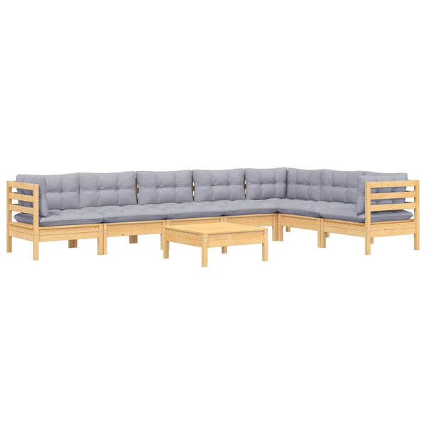 8-tlg. Garten-Lounge-Set mit Grauen Kissen Kiefer Massivholz