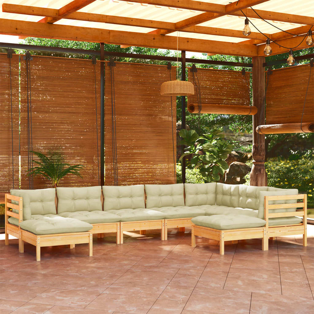 9-tlg. Garten-Lounge-Set mit Creme Kissen Massivholz Kiefer