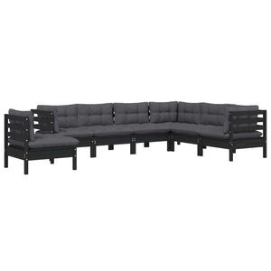 7-tlg. Garten-Lounge-Set mit Kissen Schwarz Kiefer Massivholz
