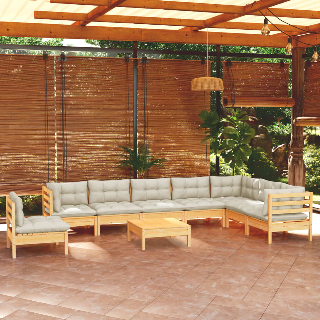 vidaXL Salon de jardin 9 pcs avec coussins crème Pin massif