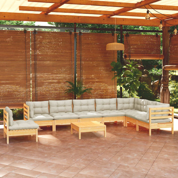 vidaXL Salon de jardin 9 pcs avec coussins crème Pin massif