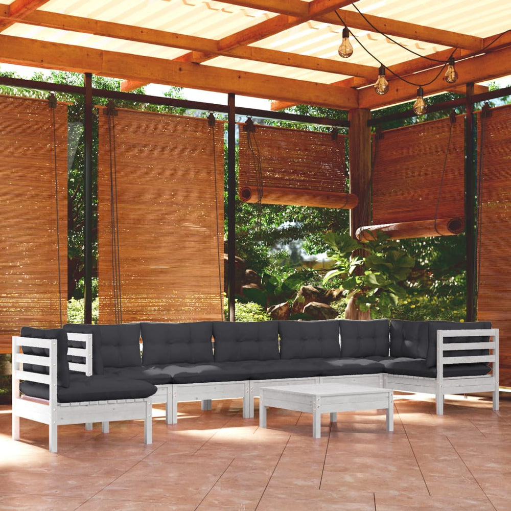 9-tlg. Garten-Lounge-Set mit Kissen Weiß Kiefer Massivholz