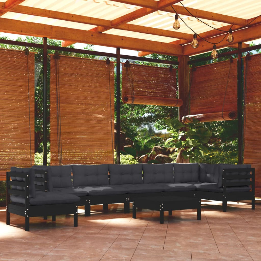 9-tlg. Garten-Lounge-Set mit Kissen Schwarz Massivholz Kiefer