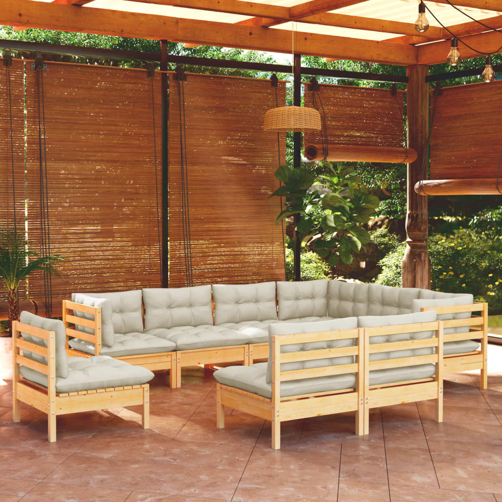 vidaXL Salon de jardin 9 pcs avec coussins crème Pin massif