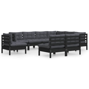 vidaXL Salon de jardin 9 pcs avec coussins Noir Bois de pin massif