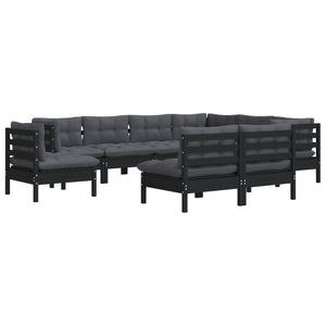 vidaXL Salon de jardin 9 pcs avec coussins Noir Bois de pin massif