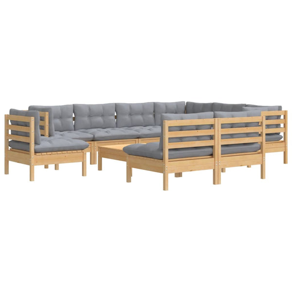 10-tlg. Garten-Lounge-Set mit Grauen Kissen Kiefer Massivholz