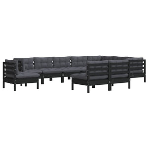 10-tlg. Garten-Lounge-Set mit Kissen Schwarz Massivholz Kiefer