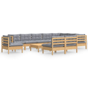 11-tlg. Garten-Lounge-Set mit Grauen Kissen Kiefer Massivholz