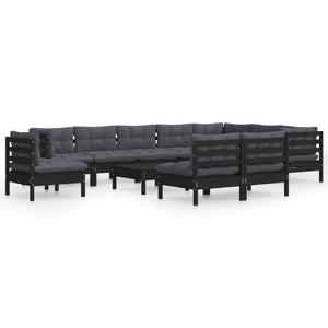 11-tlg. Garten-Lounge-Set mit Kissen Schwarz Massivholz Kiefer