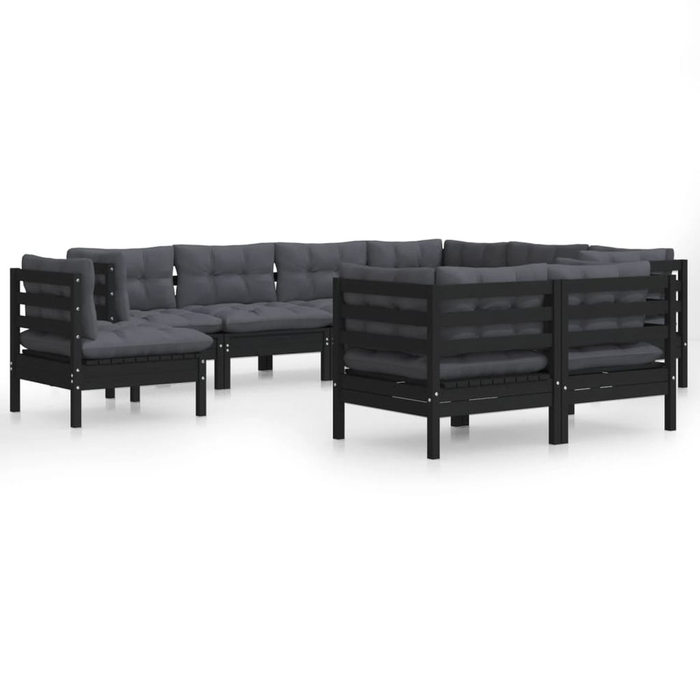 9-tlg. Garten-Lounge-Set mit Kissen Schwarz Kiefer Massivholz