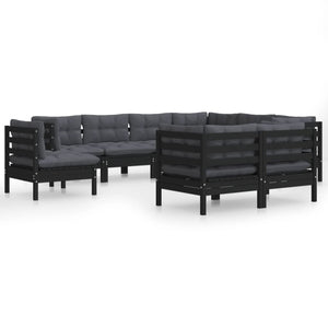9-tlg. Garten-Lounge-Set mit Kissen Schwarz Kiefer Massivholz