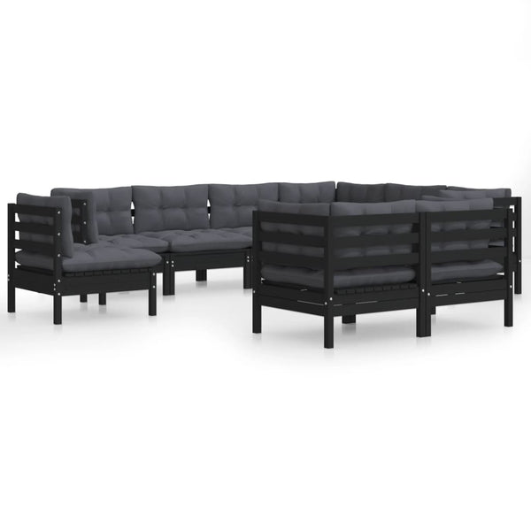 9-tlg. Garten-Lounge-Set mit Kissen Schwarz Kiefer Massivholz
