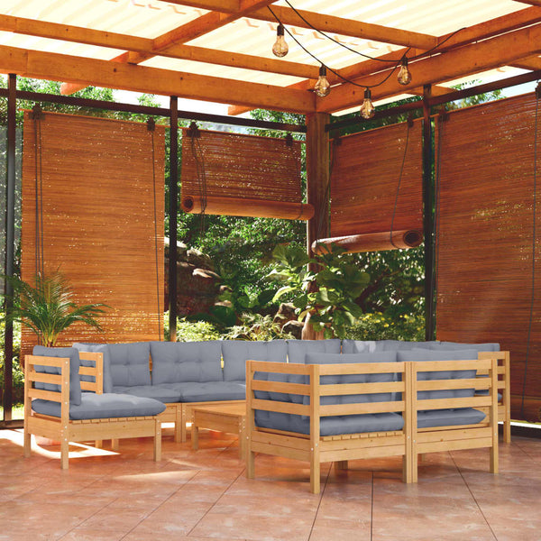 10-tlg. Garten-Lounge-Set mit Grauen Kissen Kiefer Massivholz