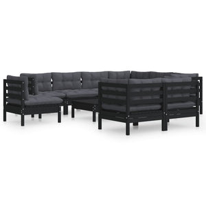 10-tlg. Garten-Lounge-Set mit Kissen Schwarz Massivholz Kiefer