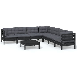 8-tlg. Garten-Lounge-Set mit Kissen Schwarz Massivholz Kiefer