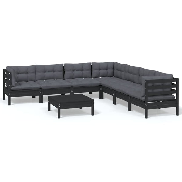 8-tlg. Garten-Lounge-Set mit Kissen Schwarz Massivholz Kiefer