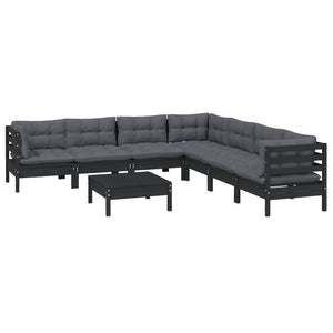 8-tlg. Garten-Lounge-Set mit Kissen Schwarz Massivholz Kiefer