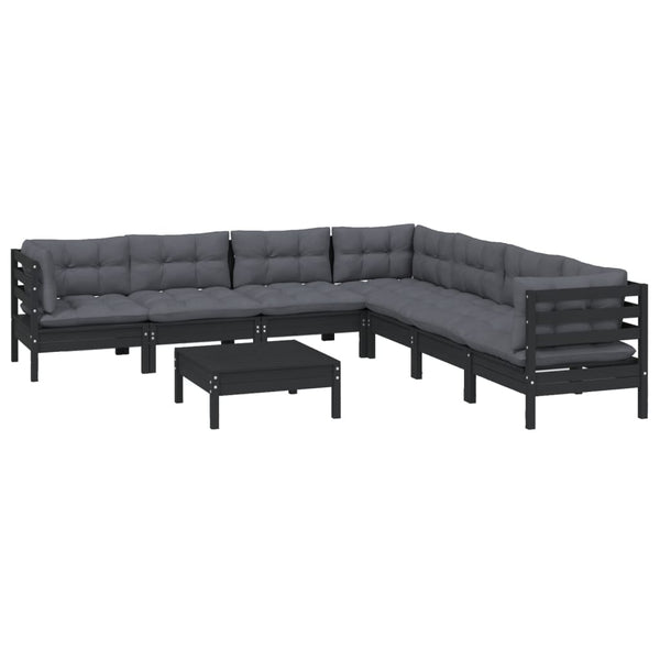 8-tlg. Garten-Lounge-Set mit Kissen Schwarz Massivholz Kiefer