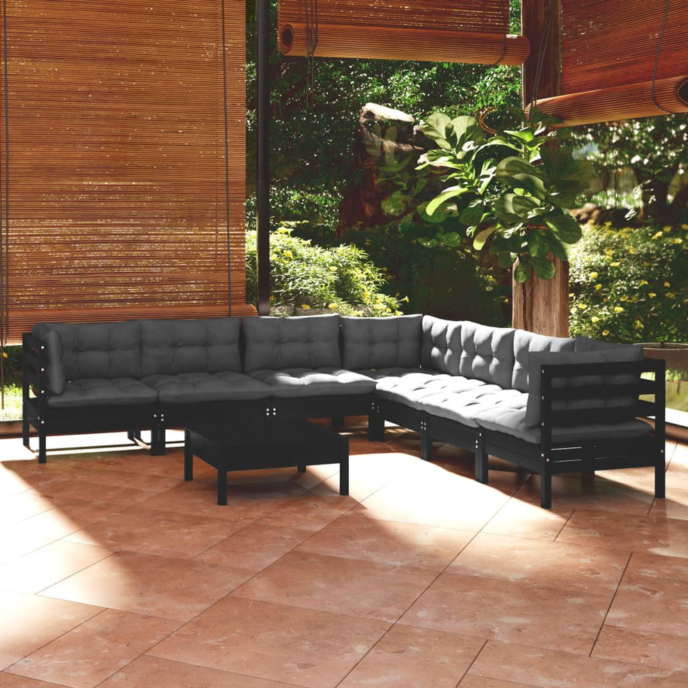 8-tlg. Garten-Lounge-Set mit Kissen Schwarz Massivholz Kiefer