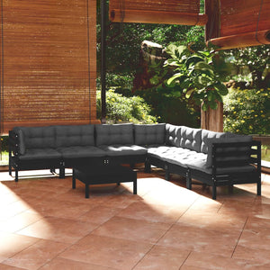 8-tlg. Garten-Lounge-Set mit Kissen Schwarz Massivholz Kiefer