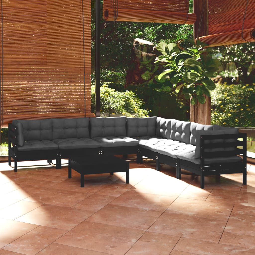 8-tlg. Garten-Lounge-Set mit Kissen Schwarz Massivholz Kiefer