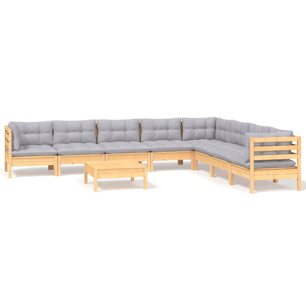 vidaXL Salon de jardin 9 pièces avec coussins gris Bois de pin massif