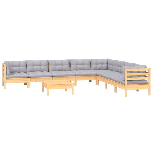 vidaXL Salon de jardin 9 pièces avec coussins gris Bois de pin massif