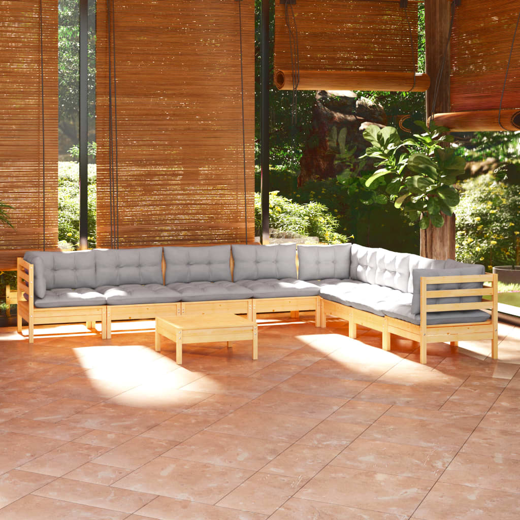vidaXL Salon de jardin 9 pièces avec coussins gris Bois de pin massif