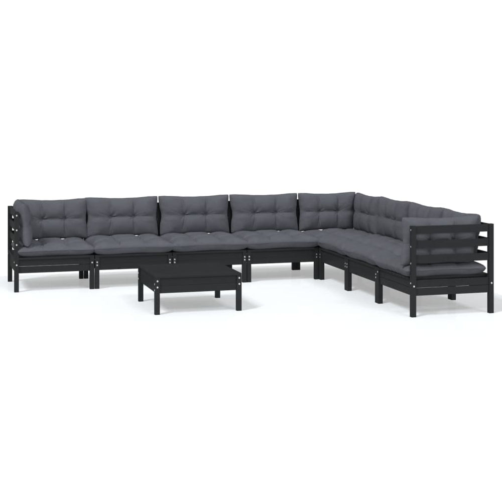 9-tlg. Garten-Lounge-Set mit Kissen Schwarz Massivholz Kiefer
