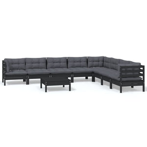 9-tlg. Garten-Lounge-Set mit Kissen Schwarz Massivholz Kiefer