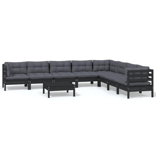 9-tlg. Garten-Lounge-Set mit Kissen Schwarz Massivholz Kiefer