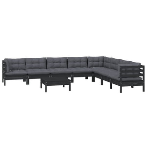 9-tlg. Garten-Lounge-Set mit Kissen Schwarz Massivholz Kiefer