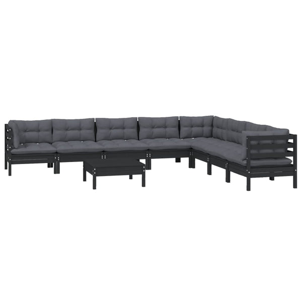 9-tlg. Garten-Lounge-Set mit Kissen Schwarz Massivholz Kiefer