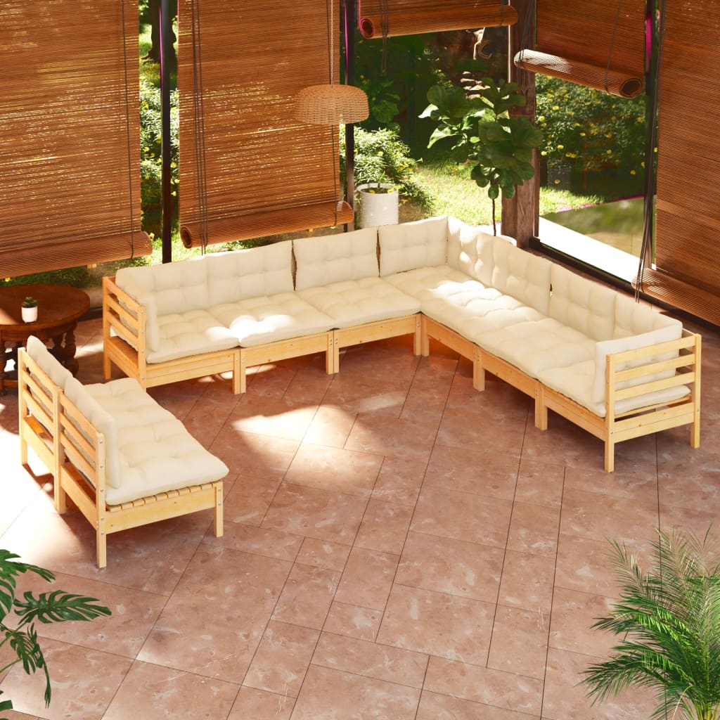 vidaXL Salon de jardin 9 pcs avec coussins crème Pin massif