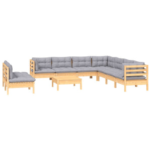 10-tlg. Garten-Lounge-Set mit Grauen Kissen Massivholz Kiefer