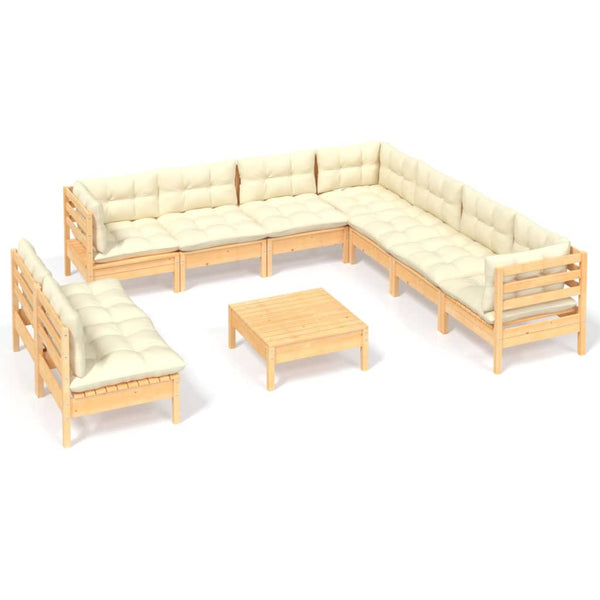 vidaXL Salon de jardin 10 pcs avec coussins crème Bois de pin massif