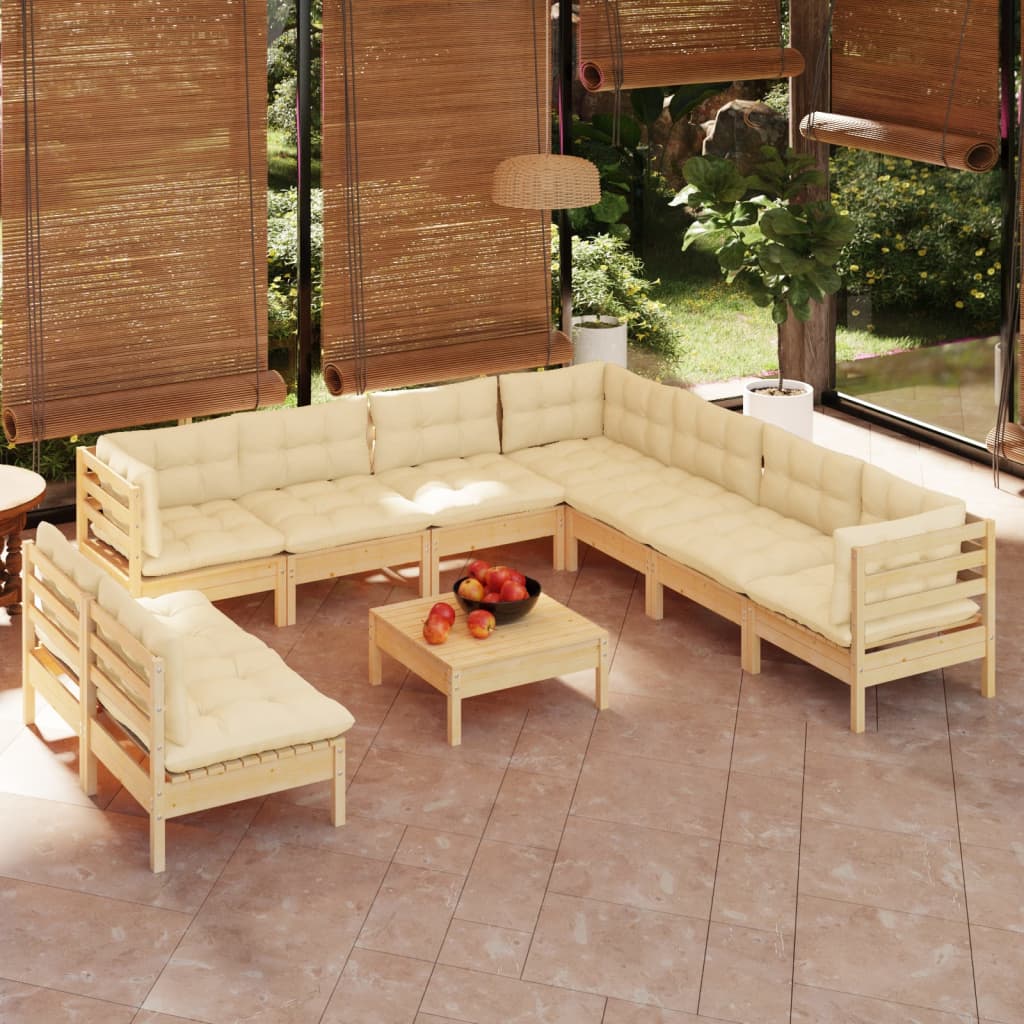 vidaXL Salon de jardin 10 pcs avec coussins crème Bois de pin massif
