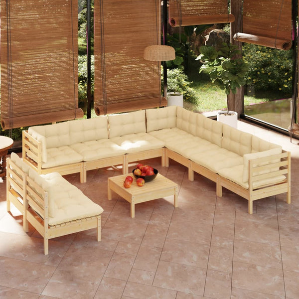 vidaXL Salon de jardin 10 pcs avec coussins crème Bois de pin massif