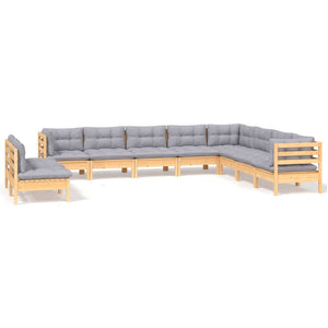 10-tlg. Garten-Lounge-Set mit Grauen Kissen Massivholz Kiefer