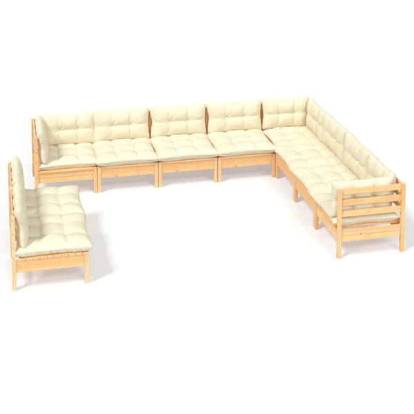 vidaXL Salon de jardin 10 pcs avec coussins crème Bois de pin massif