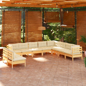 vidaXL Salon de jardin 10 pcs avec coussins crème Bois de pin massif
