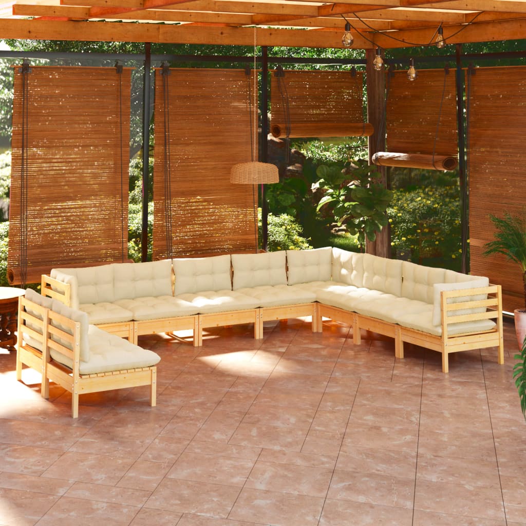 vidaXL Salon de jardin 10 pcs avec coussins crème Bois de pin massif