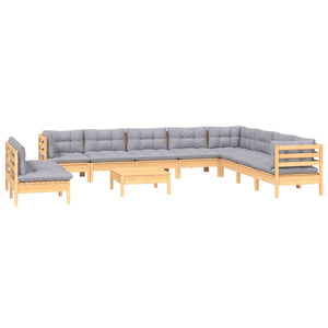 11-tlg. Garten-Lounge-Set mit Grauen Kissen Massivholz Kiefer